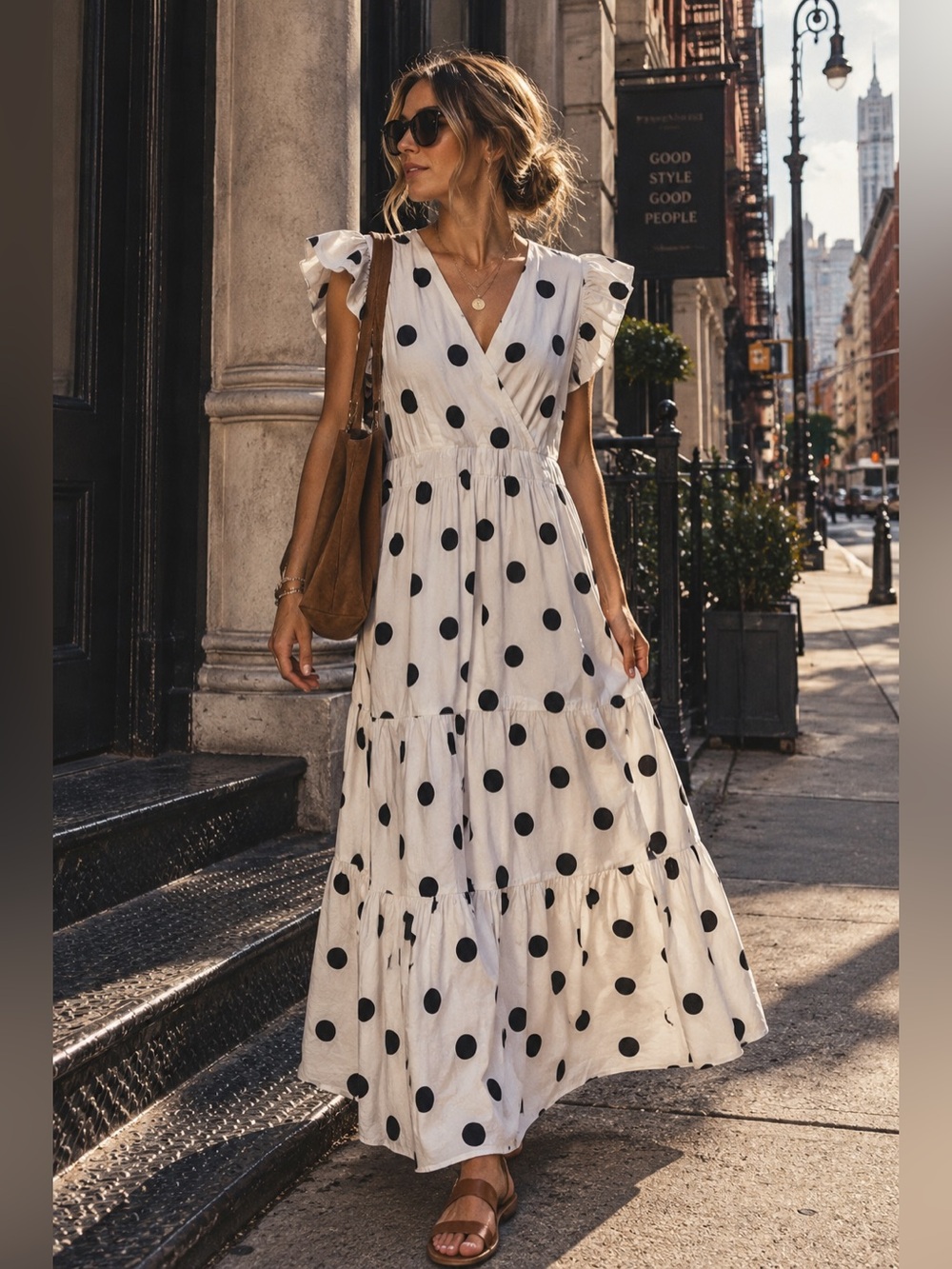 White Black Polka Dot Surplice Ruffle Sleeve Tiered Maxi Dress